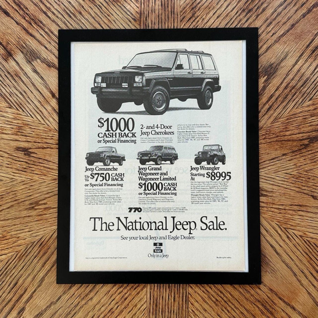 Vintage 1989 National Jeep Magazine Ad with Frame: Cherokee, Wrangler, Wagoneer
