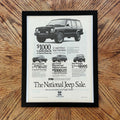 Vintage 1989 National Jeep Magazine Ad with Frame: Cherokee, Wrangler, Wagoneer