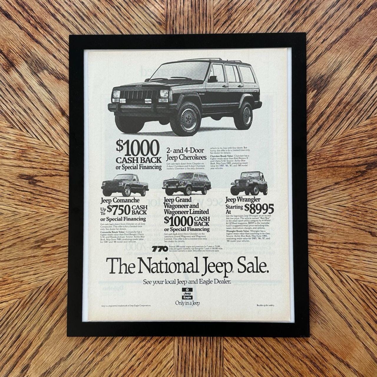 Vintage 1989 National Jeep Magazine Ad with Frame: Cherokee, Wrangler, Wagoneer