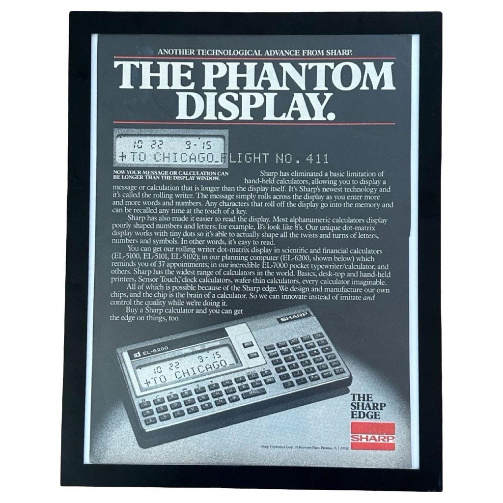 1980 Sharp Phantom Display EL-6200 Calculator Vintage Tech Magazine Ad with Frame