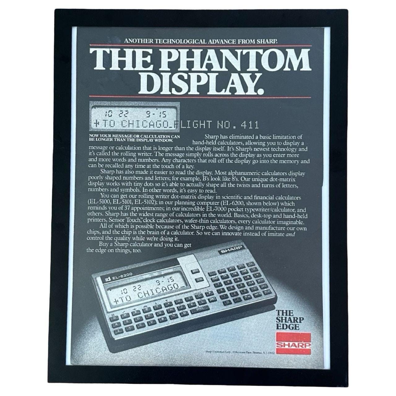 1980 Sharp Phantom Display EL-6200 Calculator Vintage Tech Magazine Ad with Frame