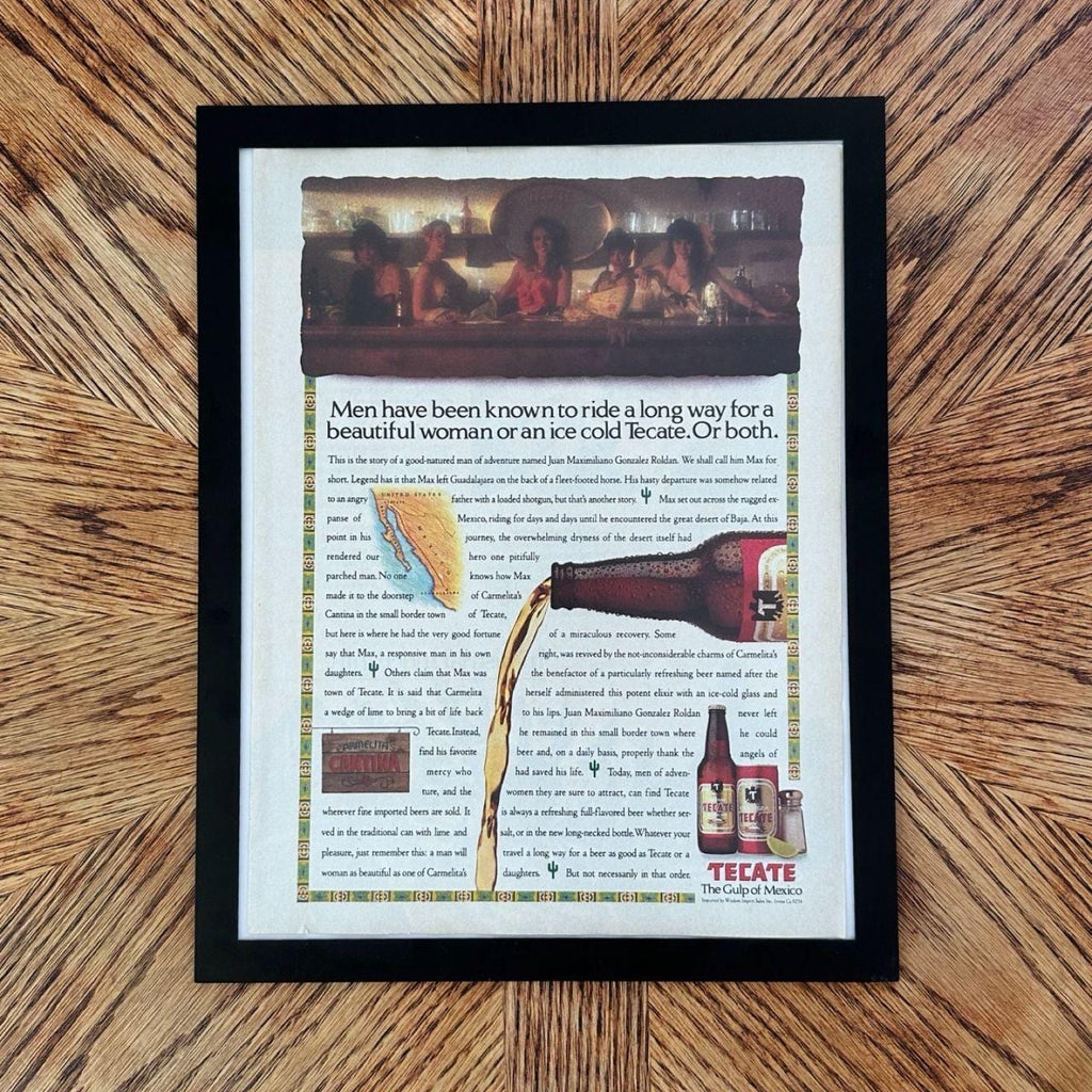 1989 Tecate Beer Ride a Long Way Carmelitas Cantina Story Vintage Magazine Ad with Frame