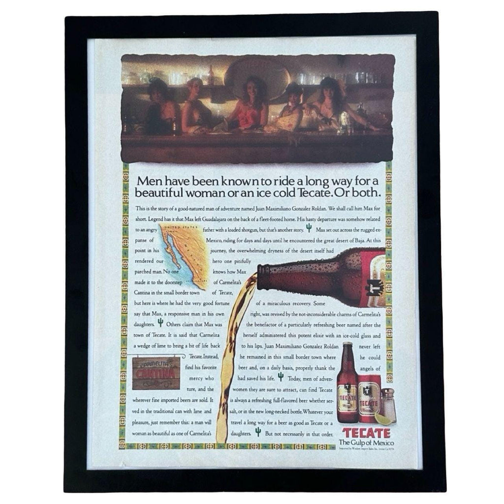 1989 Tecate Beer Ride a Long Way Carmelitas Cantina Story Vintage Magazine Ad with Frame
