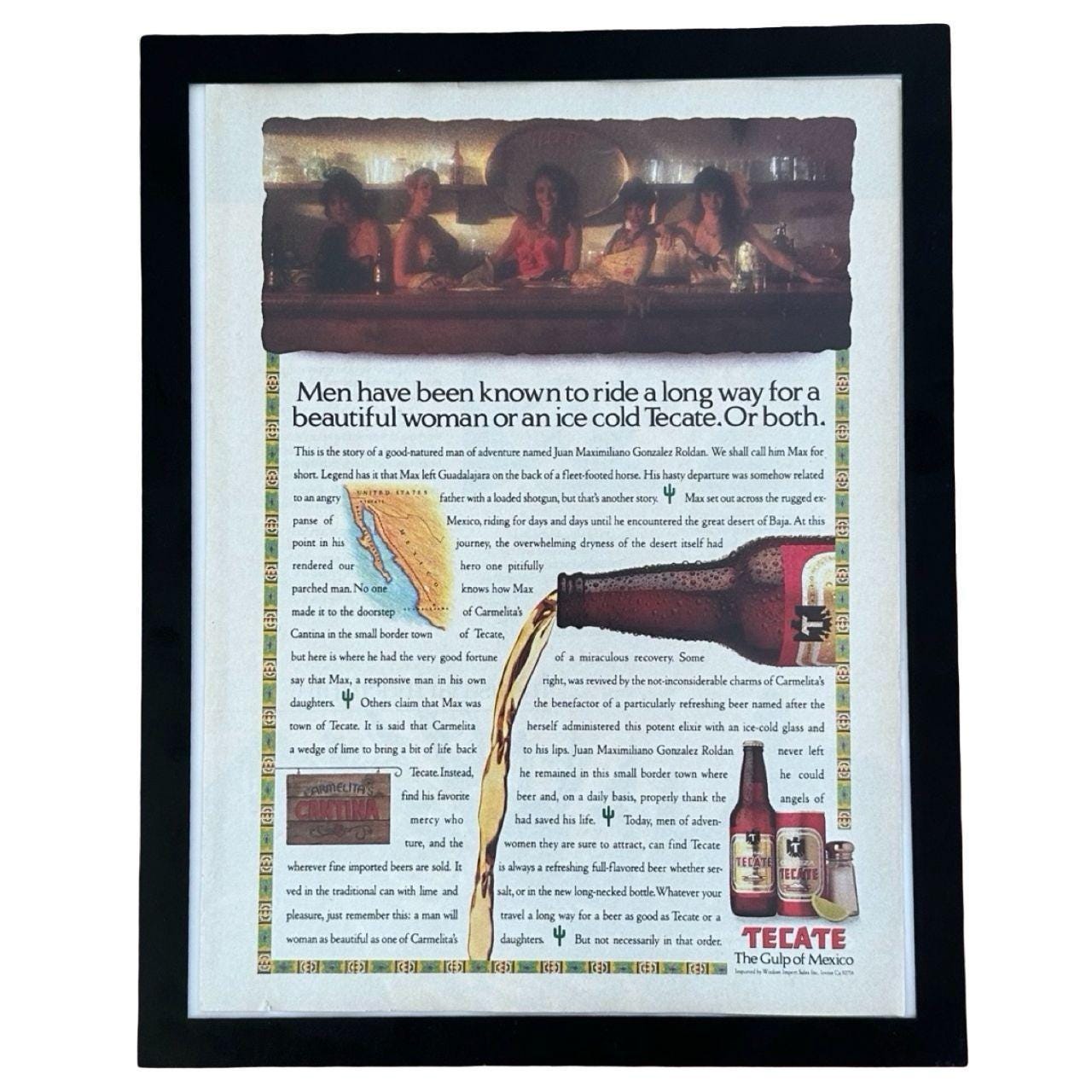 1989 Tecate Beer Ride a Long Way Carmelitas Cantina Story Vintage Magazine Ad with Frame
