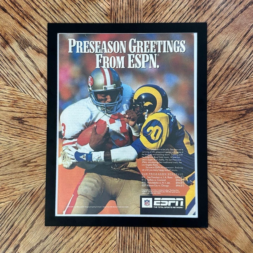 1989 ESPN NFL Preseason 49ers vs Rams Vintage Football Magazine Ad with Frame