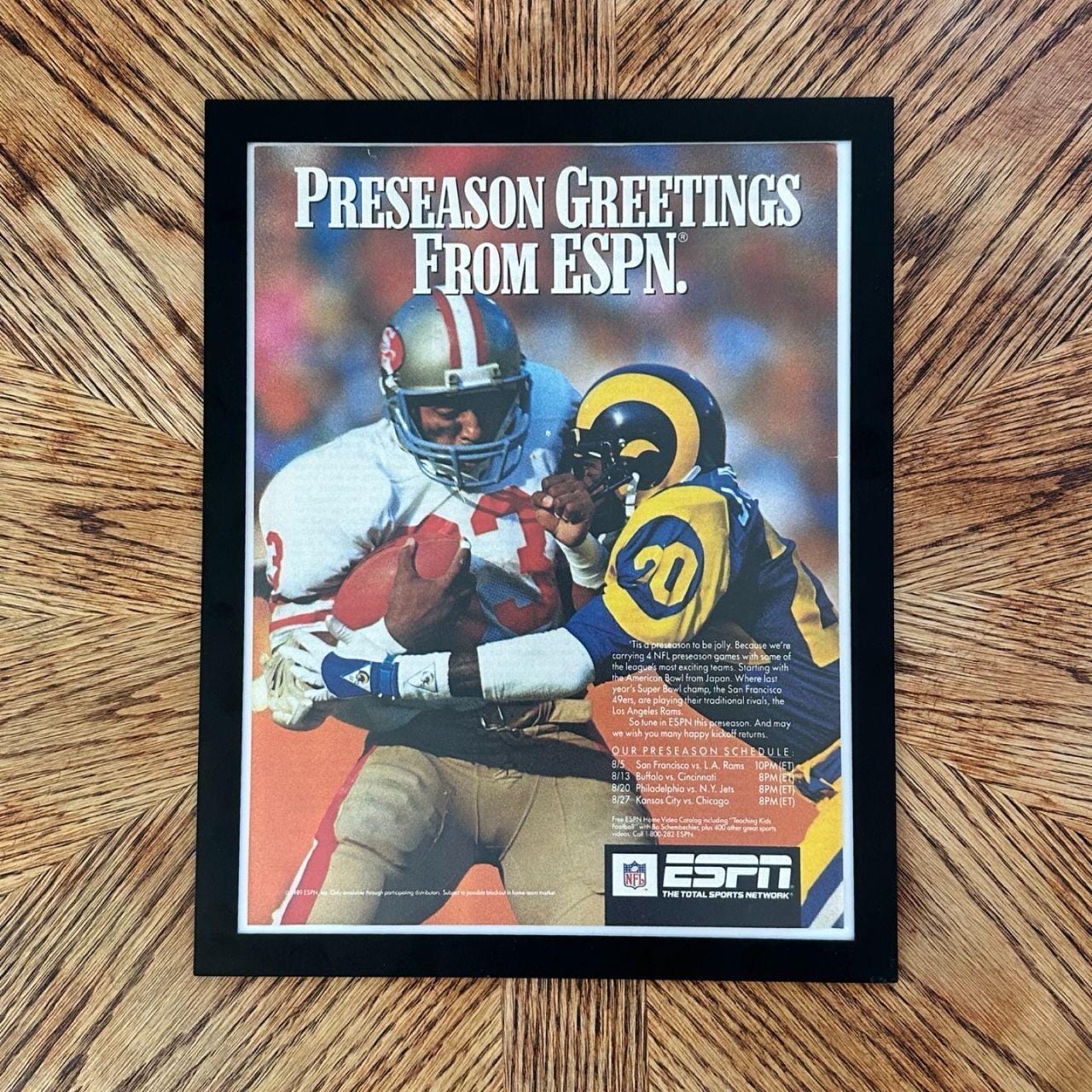 1989 ESPN NFL Preseason 49ers vs Rams Vintage Football Magazine Ad with Frame