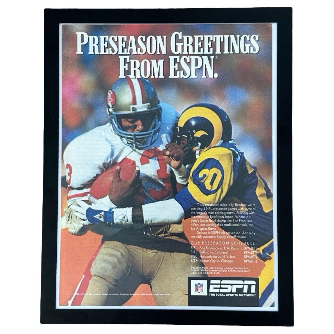 1989 ESPN NFL Preseason 49ers vs Rams Vintage Football Magazine Ad with Frame