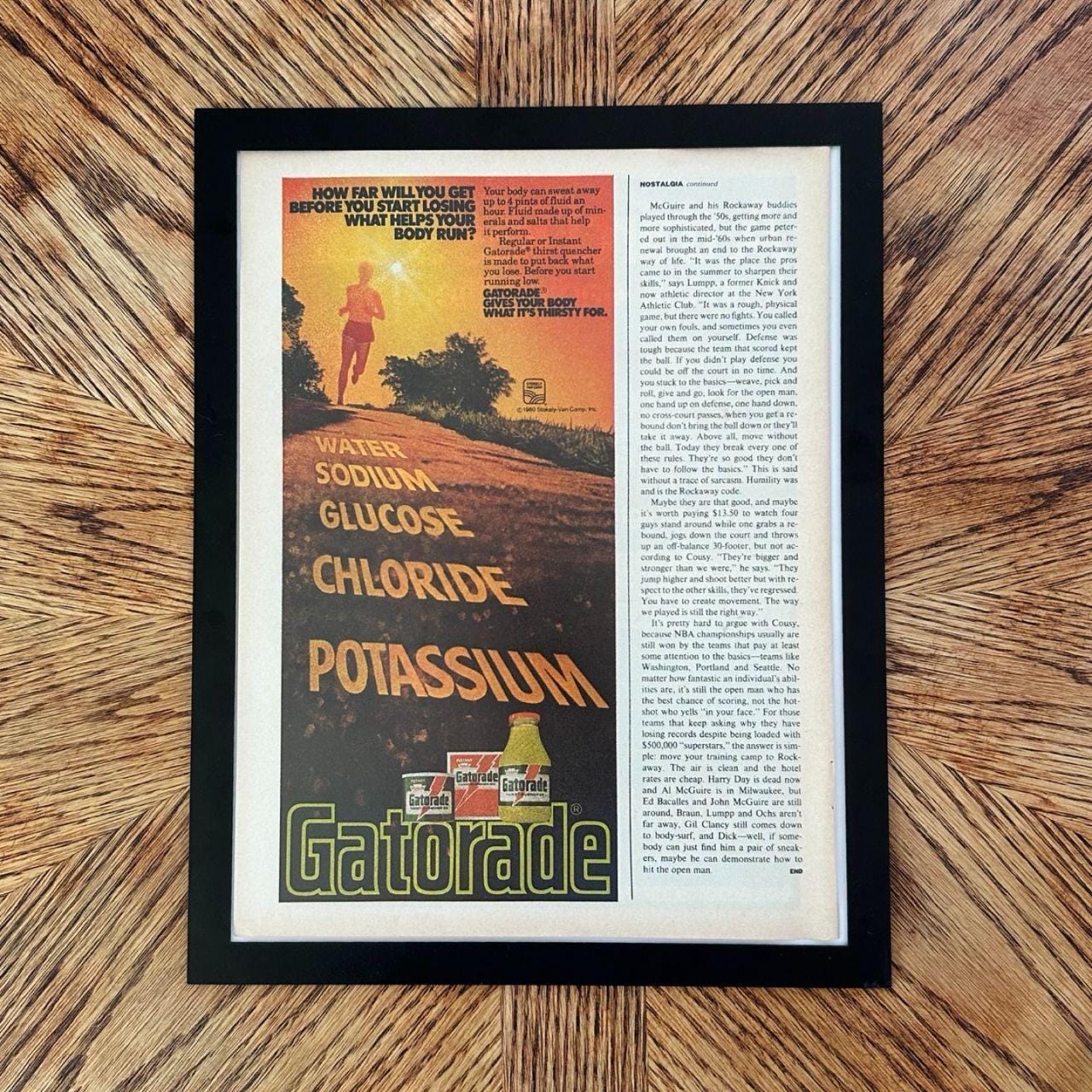 1980 Gatorade "What Your Body Runs On" Vintage Sports Drink Magazine Ad with Frame