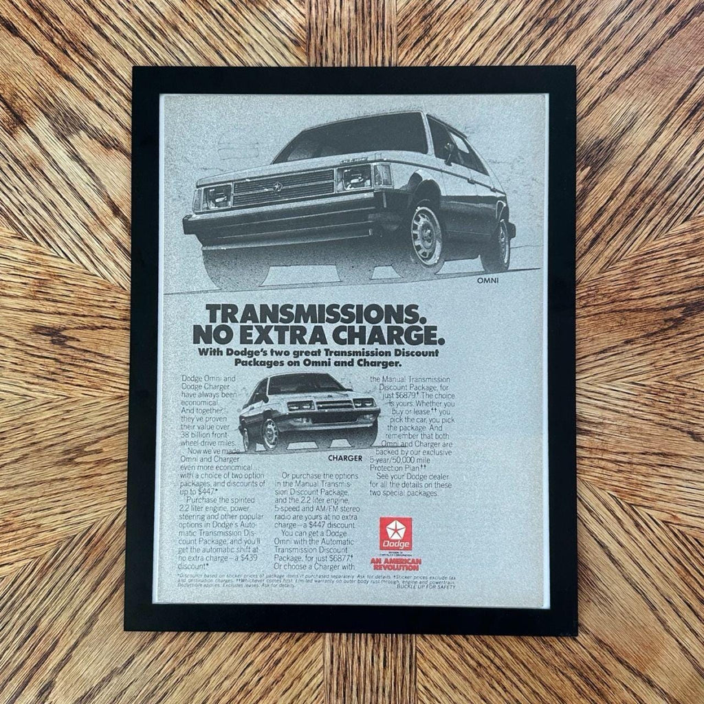 1980's Dodge Omni and Charger "Transmissions. No Extra Charge" Vintage Magazine Ad with Frame