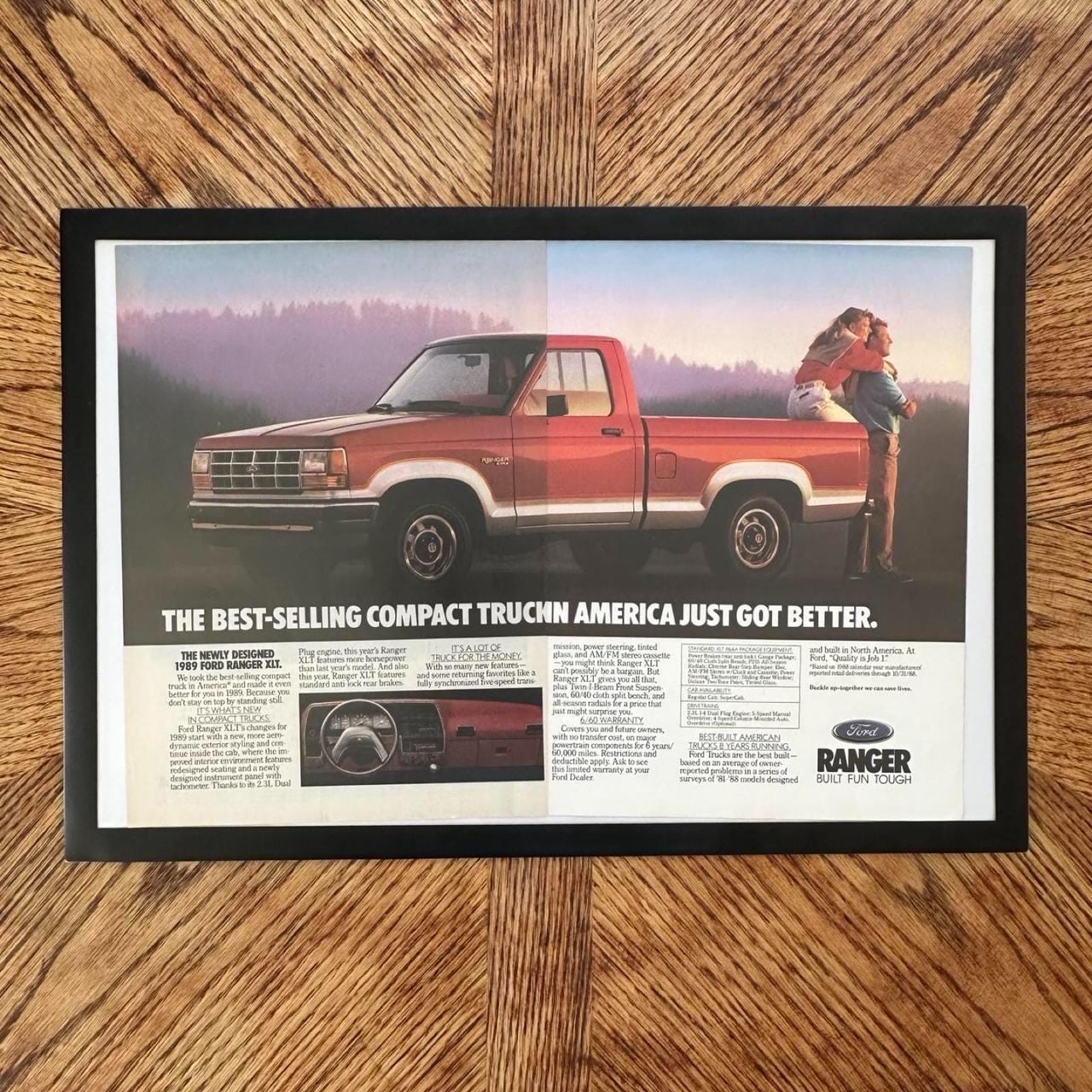 Vintage 1989 Red Ford Ranger Double Page Magazine Ad with Frame