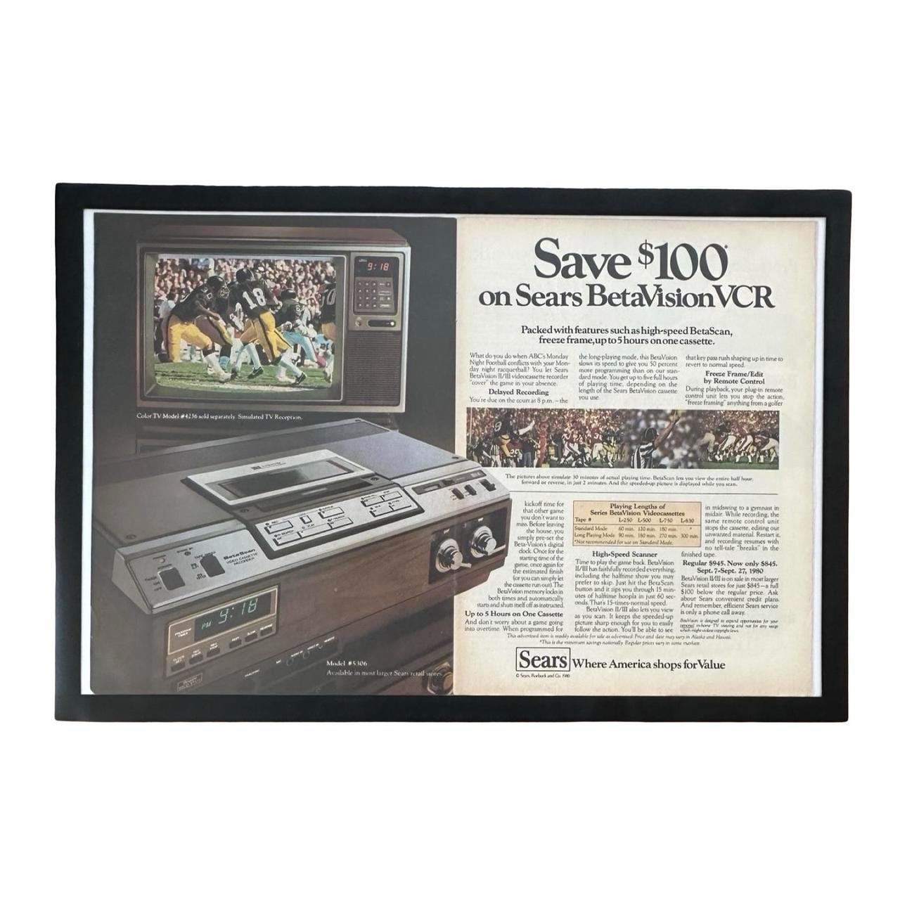 Vintage 1980 Sears Betavision VCR Double Page Magazine Ad with Frame