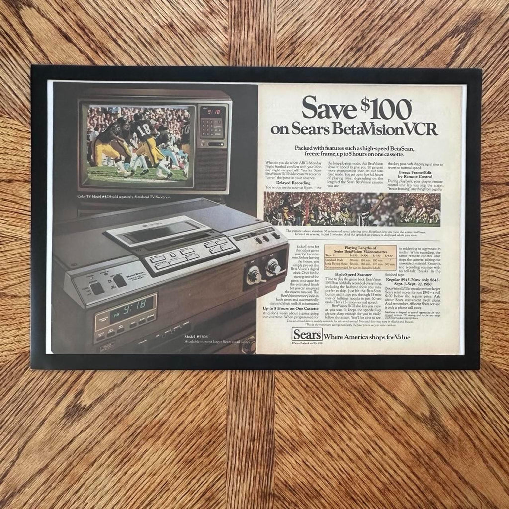 Vintage 1980 Sears Betavision VCR Double Page Magazine Ad with Frame