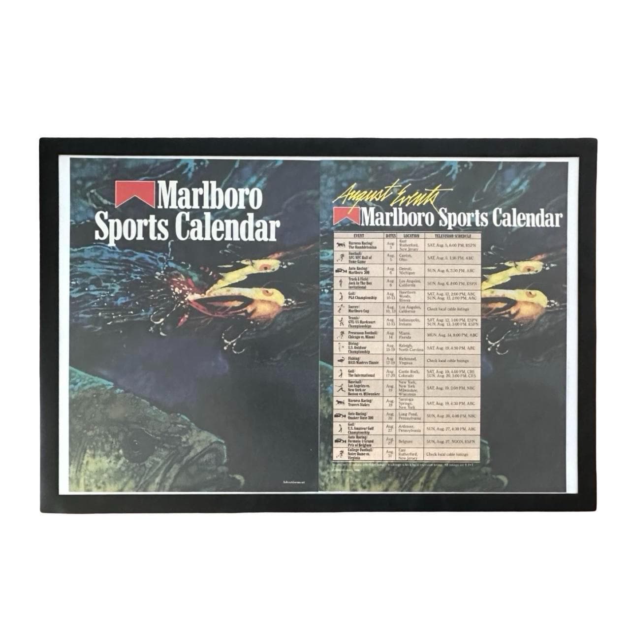 Vintage 1989 Fishing Themed Marlboro Sports Calendar Double Page Magazine Ad with Frame