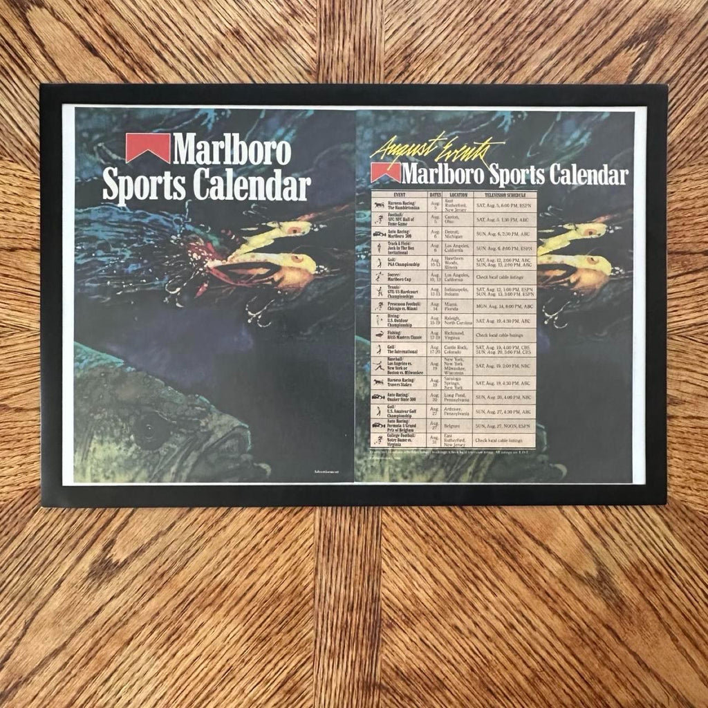 Vintage 1989 Fishing Themed Marlboro Sports Calendar Double Page Magazine Ad with Frame