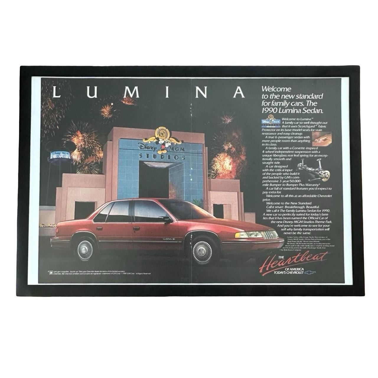 Vintage 1990 Chevrolet Lumina Sedan x Disney-MGM Studios Theme Park Magazine Ad with Frame
