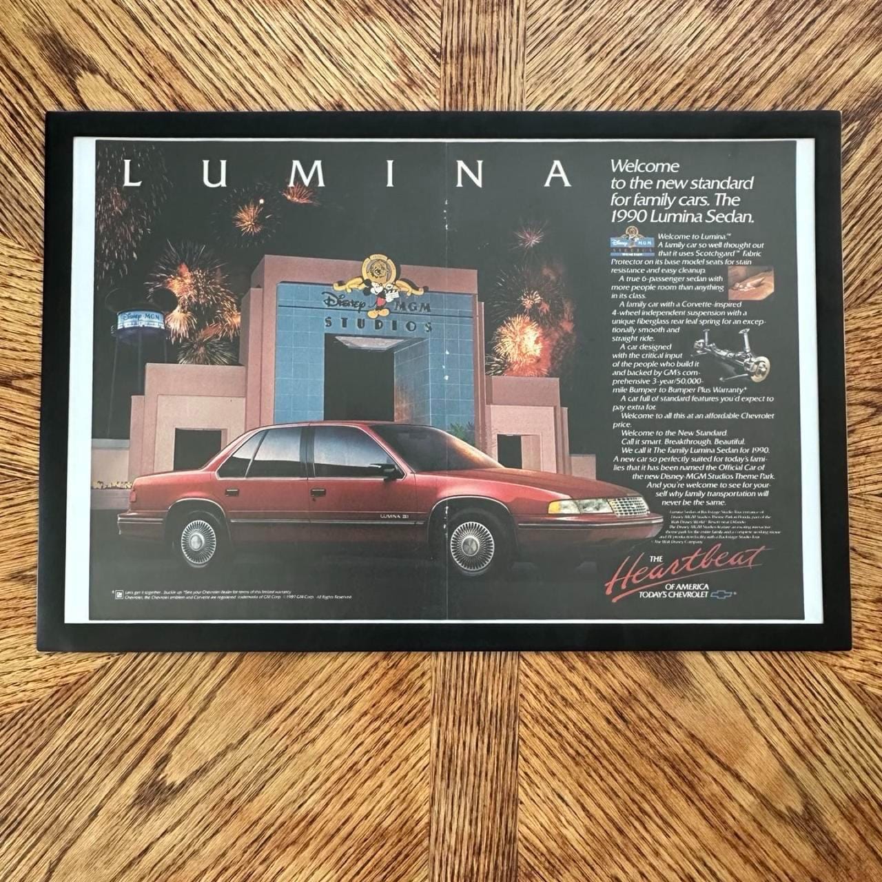 Vintage 1990 Chevrolet Lumina Sedan x Disney-MGM Studios Theme Park Magazine Ad with Frame