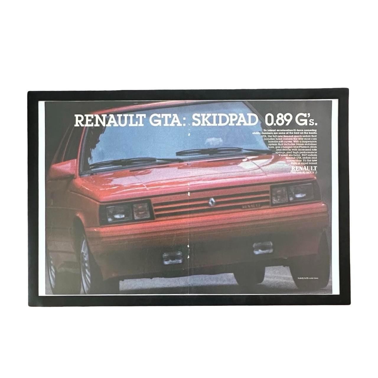 Vintage 1987 Renault GTA: Skidpad 0.89 G's Magazine Ad with Frame