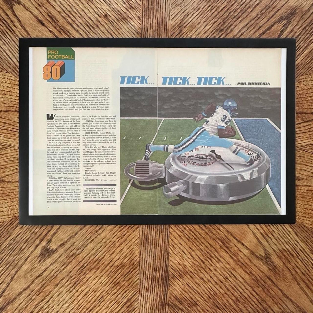 1980's NFL Magazine Illustration by Tommy Soloski, Paul Zimmerman Article (Framed)