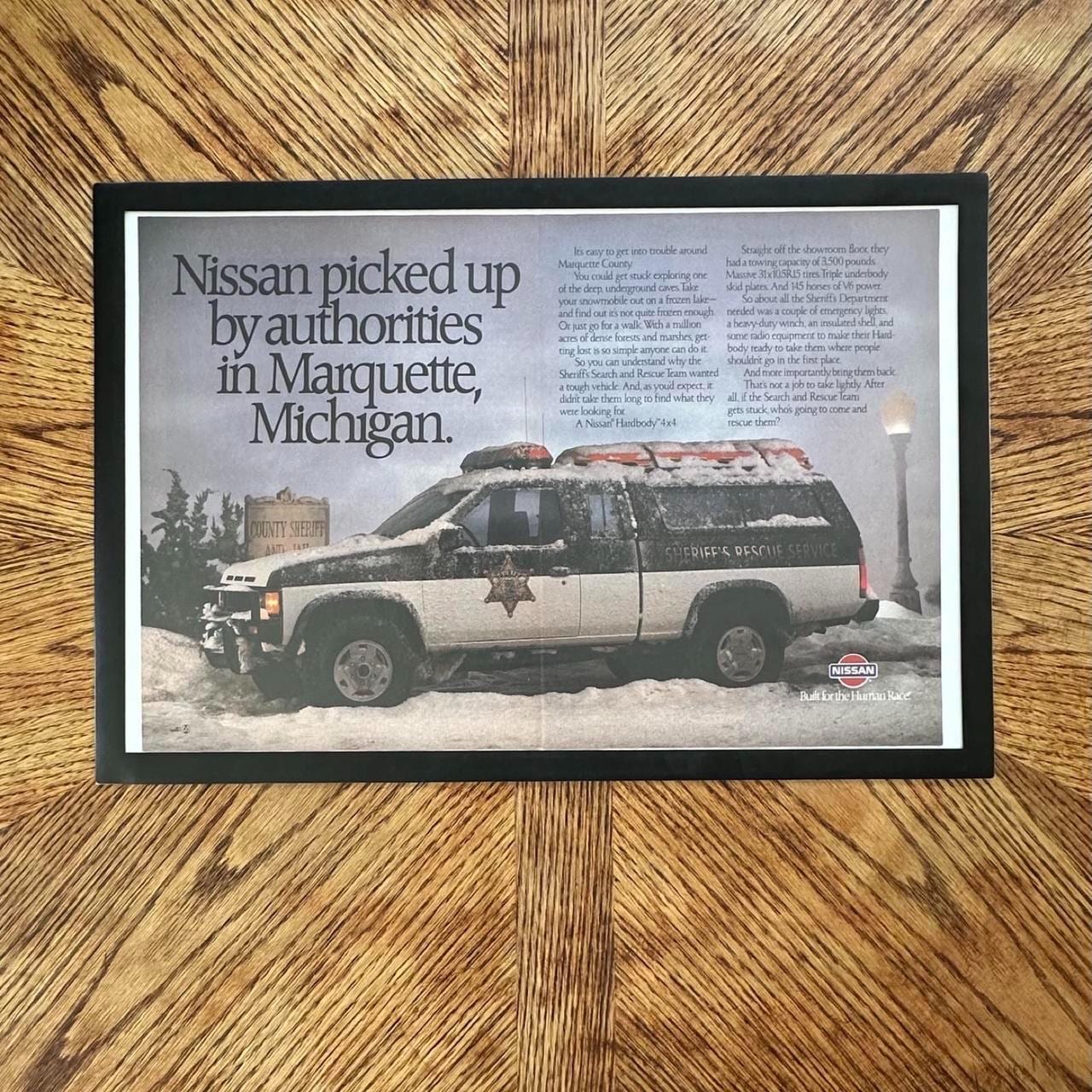 1989 Nissan Hardbody 4x4 Magazine Ad, Sheriff Rescue Vehicle, Framed 80s Decor