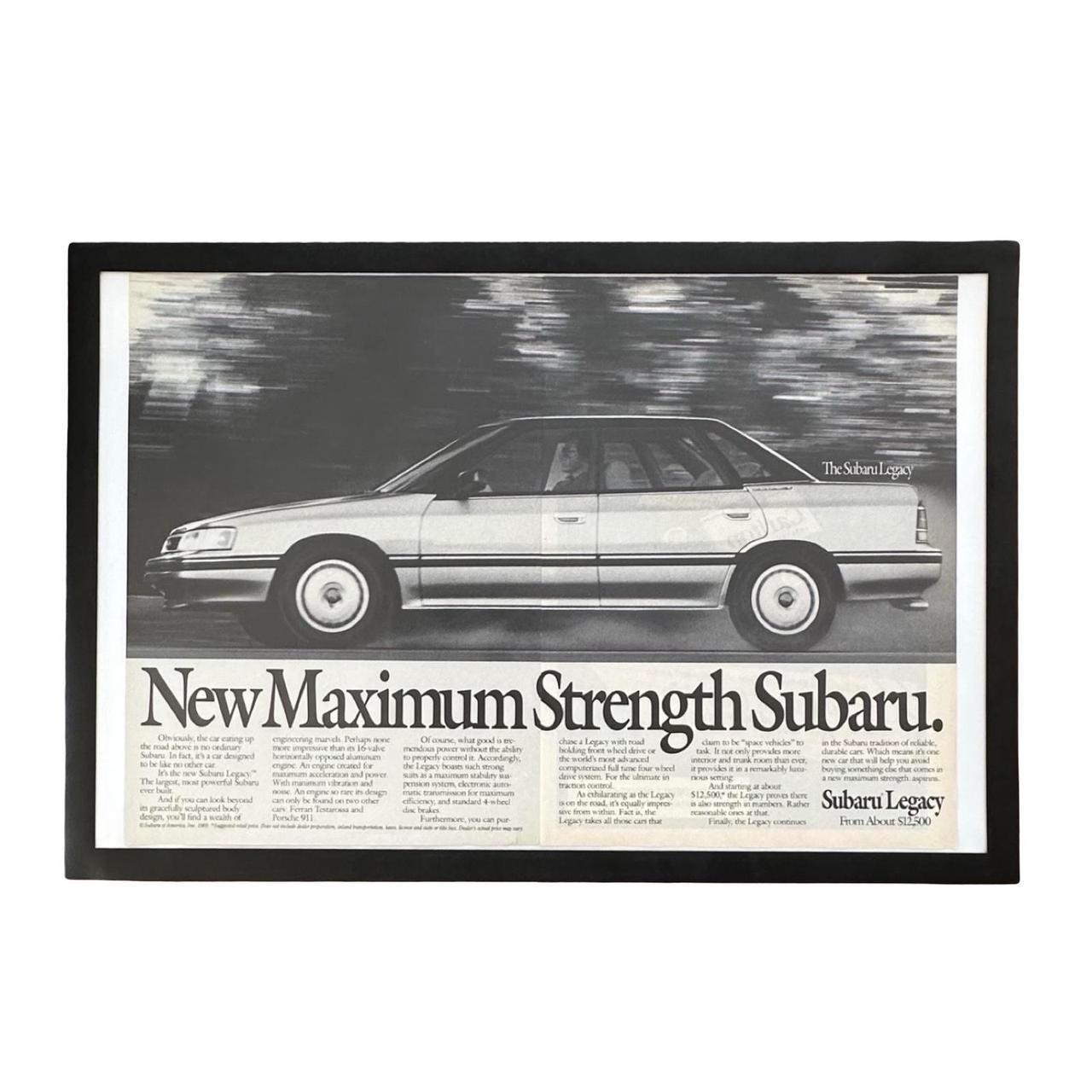 Vintage 1989 Subaru Legacy Double Page Magazine Ad with Frame "New Maximum Strength Subaru"