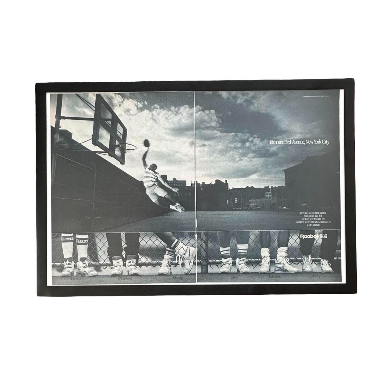 Vintage 1989 Reebok Basketball Black & White Magazine Ad with Frame