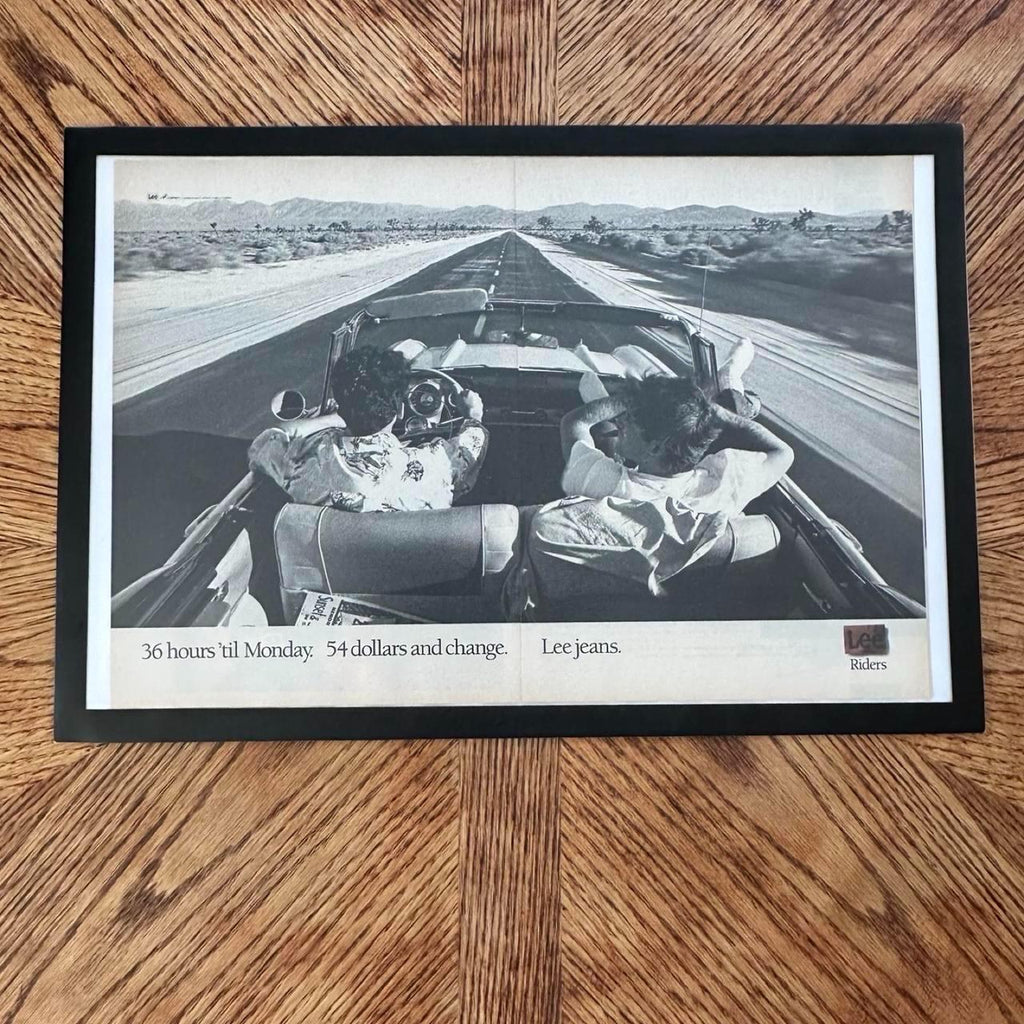 Vintage 1988 Lee Riders Magazine Ad with Frame. "36 hours 'til Monday. 54 dollars and change. Lee jeans."