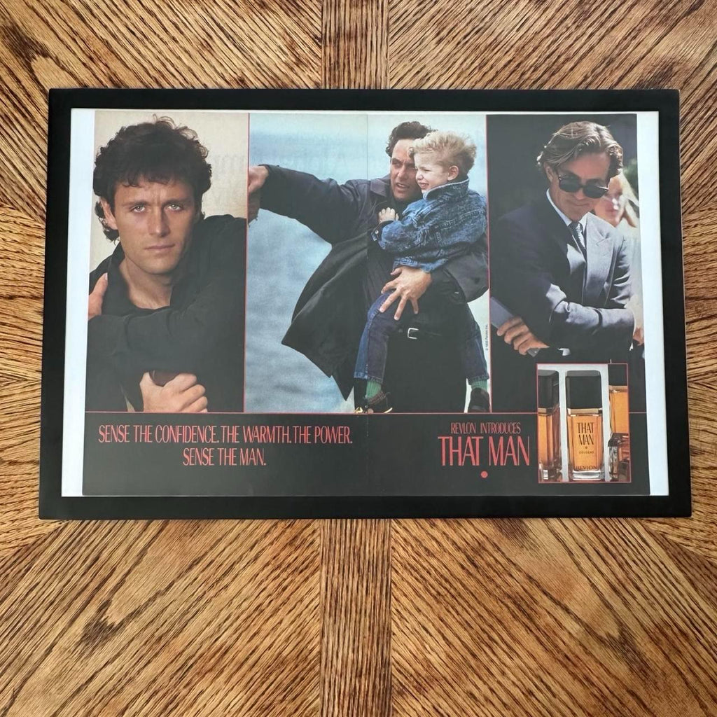 Vintage 1989 Revlon "That Man" Cologne Magazine Ad with Frame