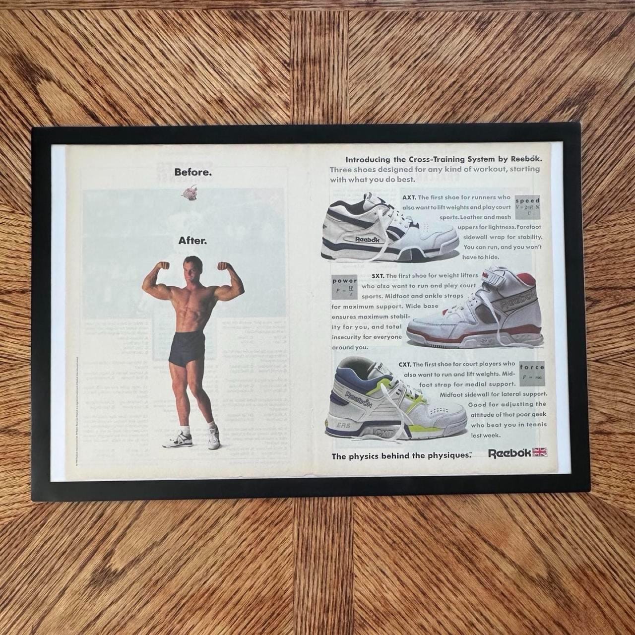 Vintage 1989 Reebok AXT SXT CXT Magazine Ad, Framed 80s Sneakers Physics Physique