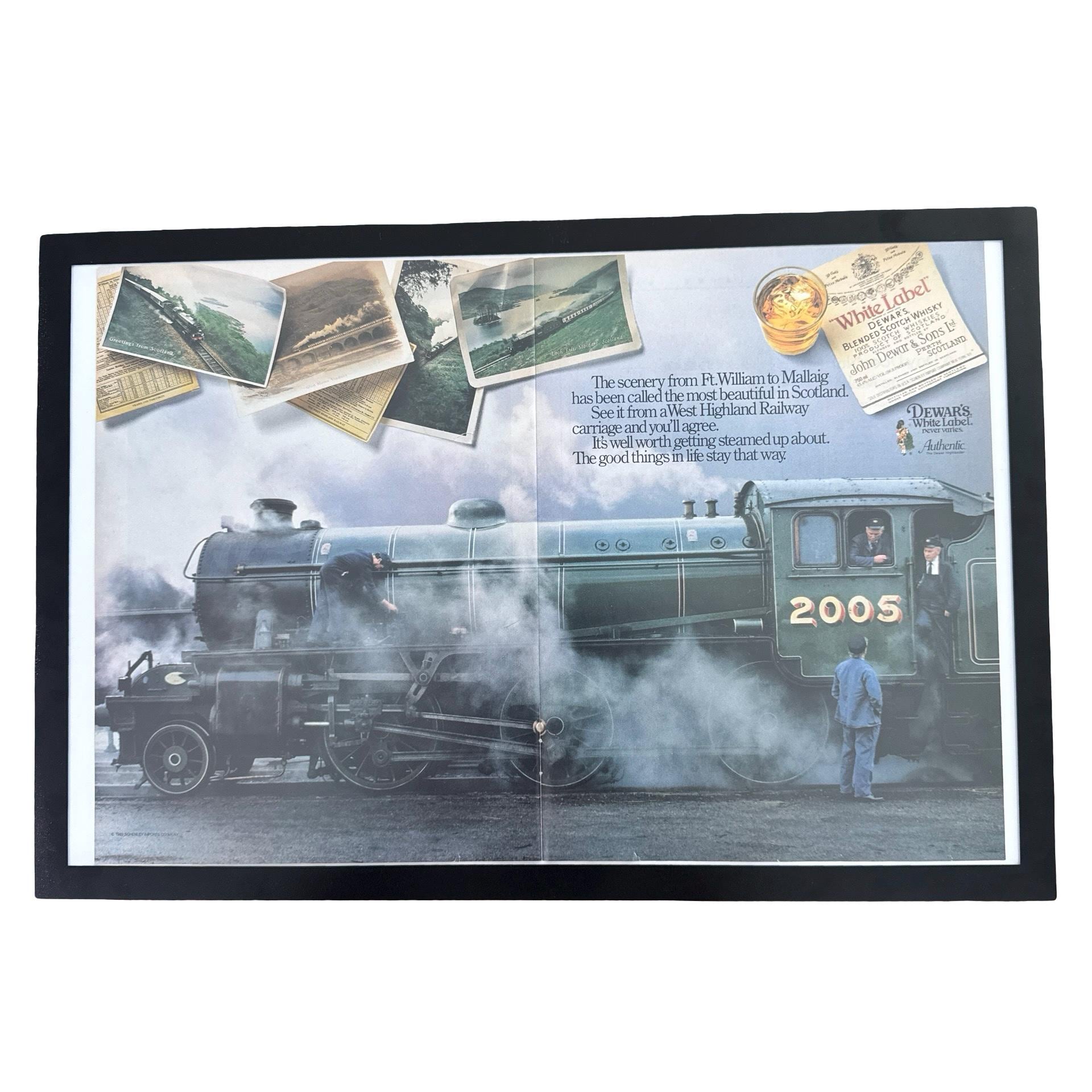 Dewars White Label Scotch Whisky Steam Train Scotland Vintage Ad