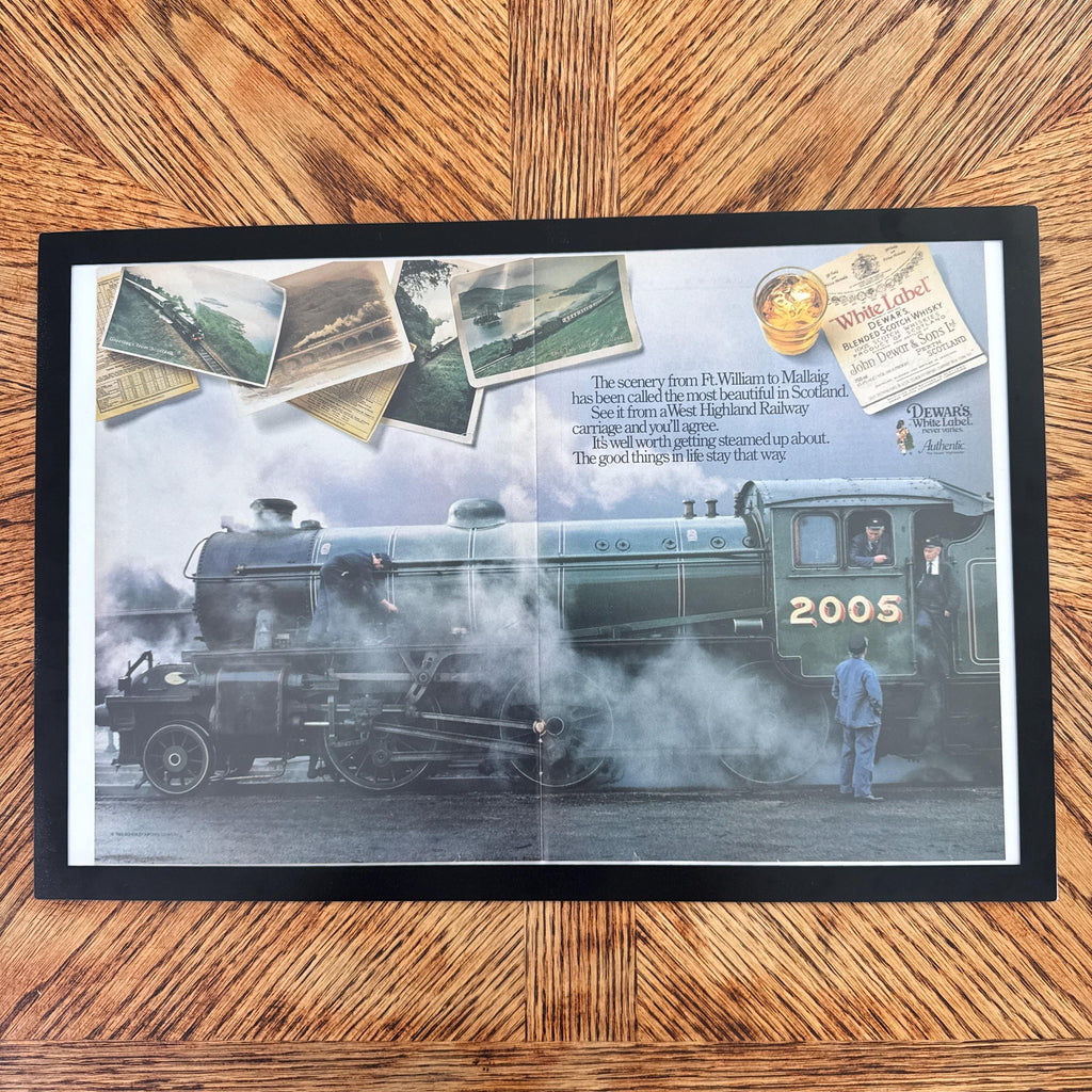 Dewars White Label Scotch Whisky Steam Train Scotland Vintage Ad