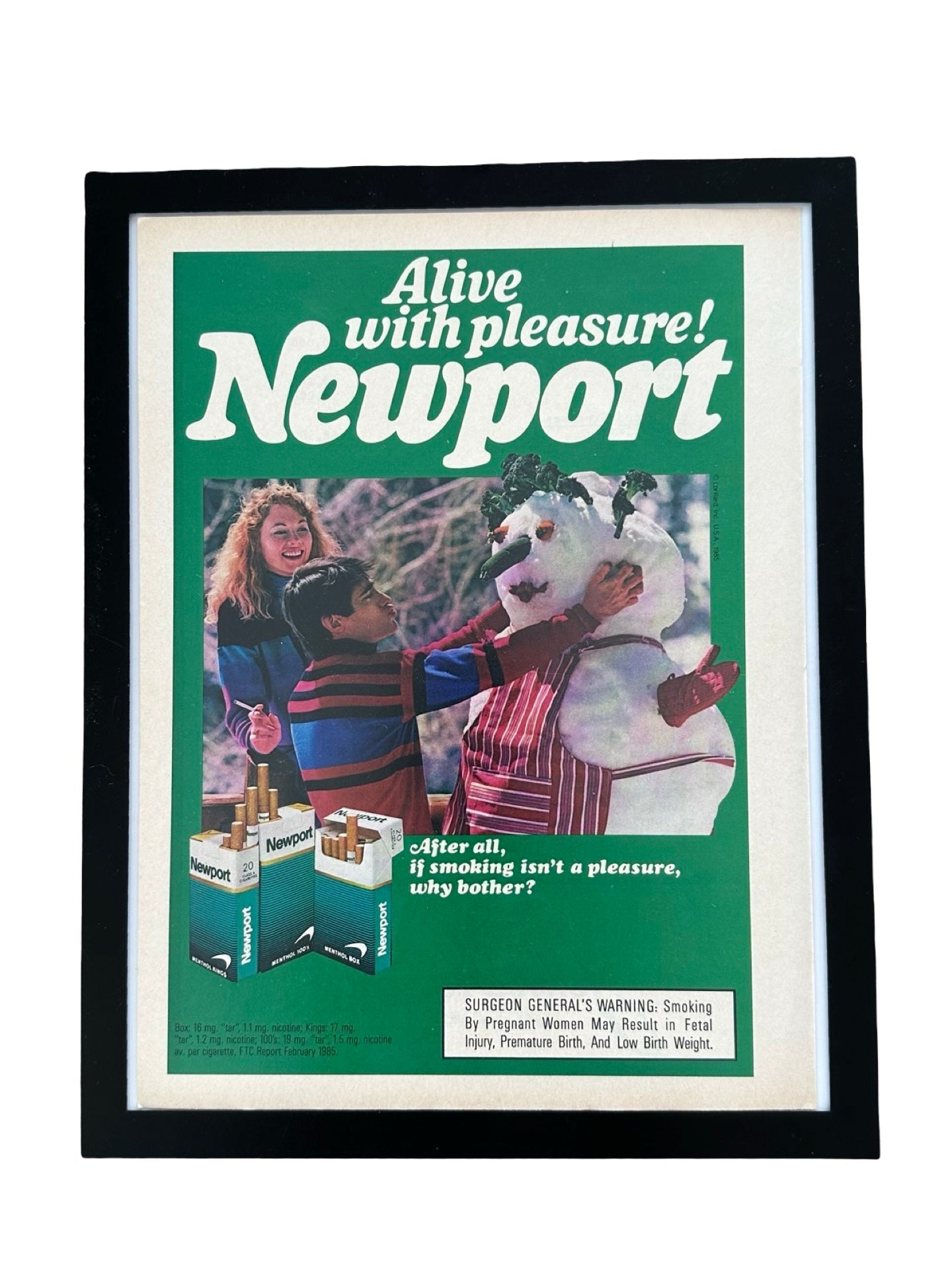 Newport Alive With Pleasure Snowman Vintage 1985 Cigarette Ad Print