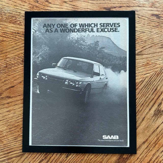 Saab Most Intelligent Car Ever Built Vintage Black and White Car Ad Print - detail view