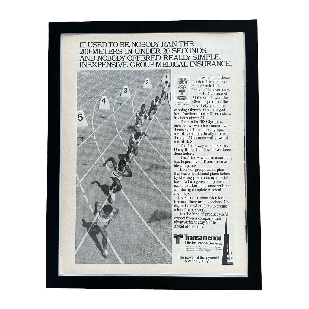 Transamerica Life Insurance 1984 Olympics 200-Meters Framed Vintage Magazine Ad
