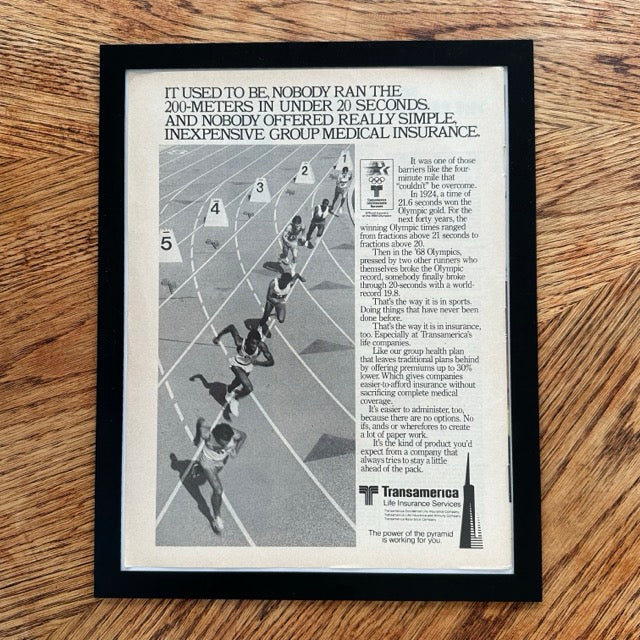 Transamerica Life Insurance 1984 Olympics 200-Meters Framed Vintage Magazine Ad - detail view