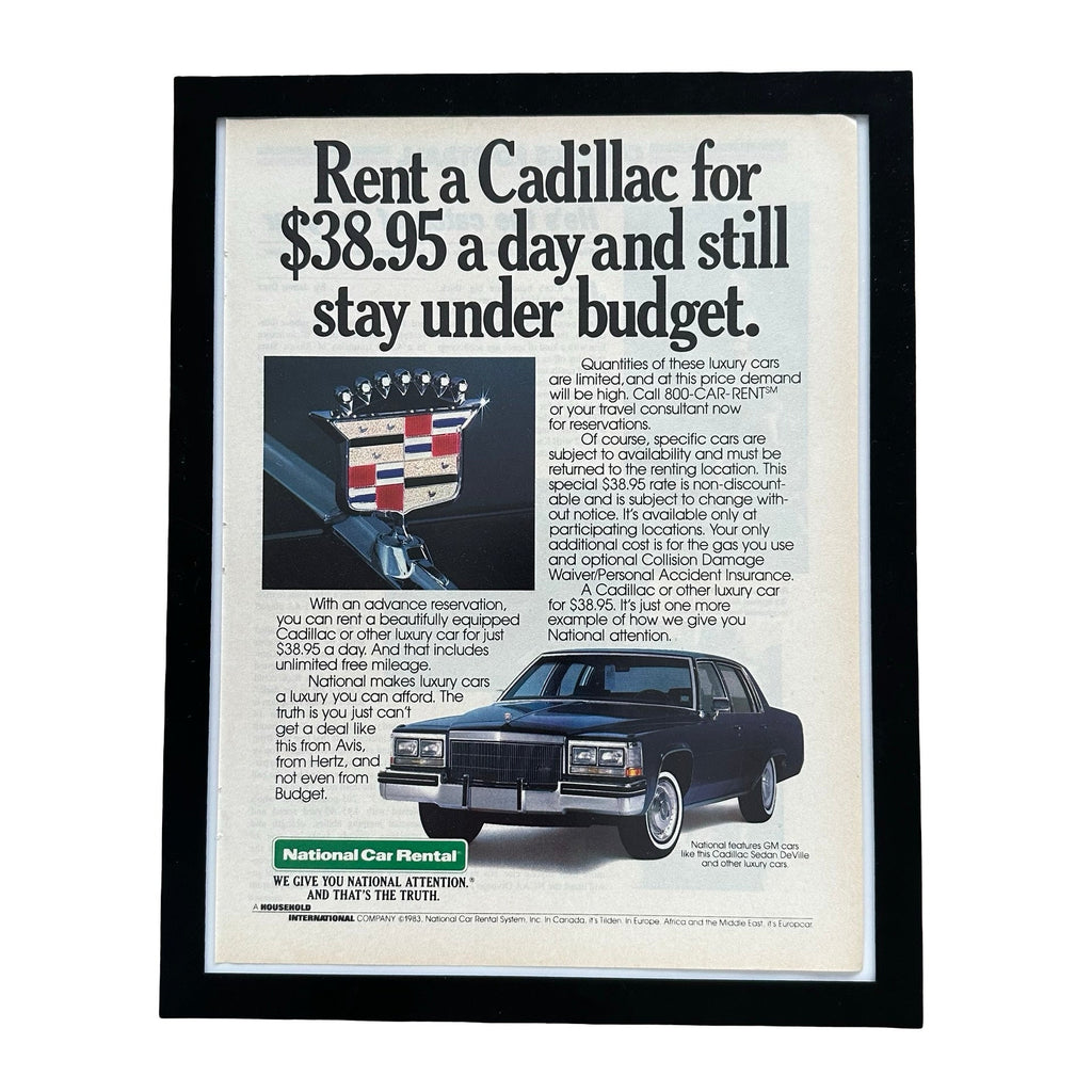 National Car Rental Rent A Cadillac Framed Vintage Magazine Ad