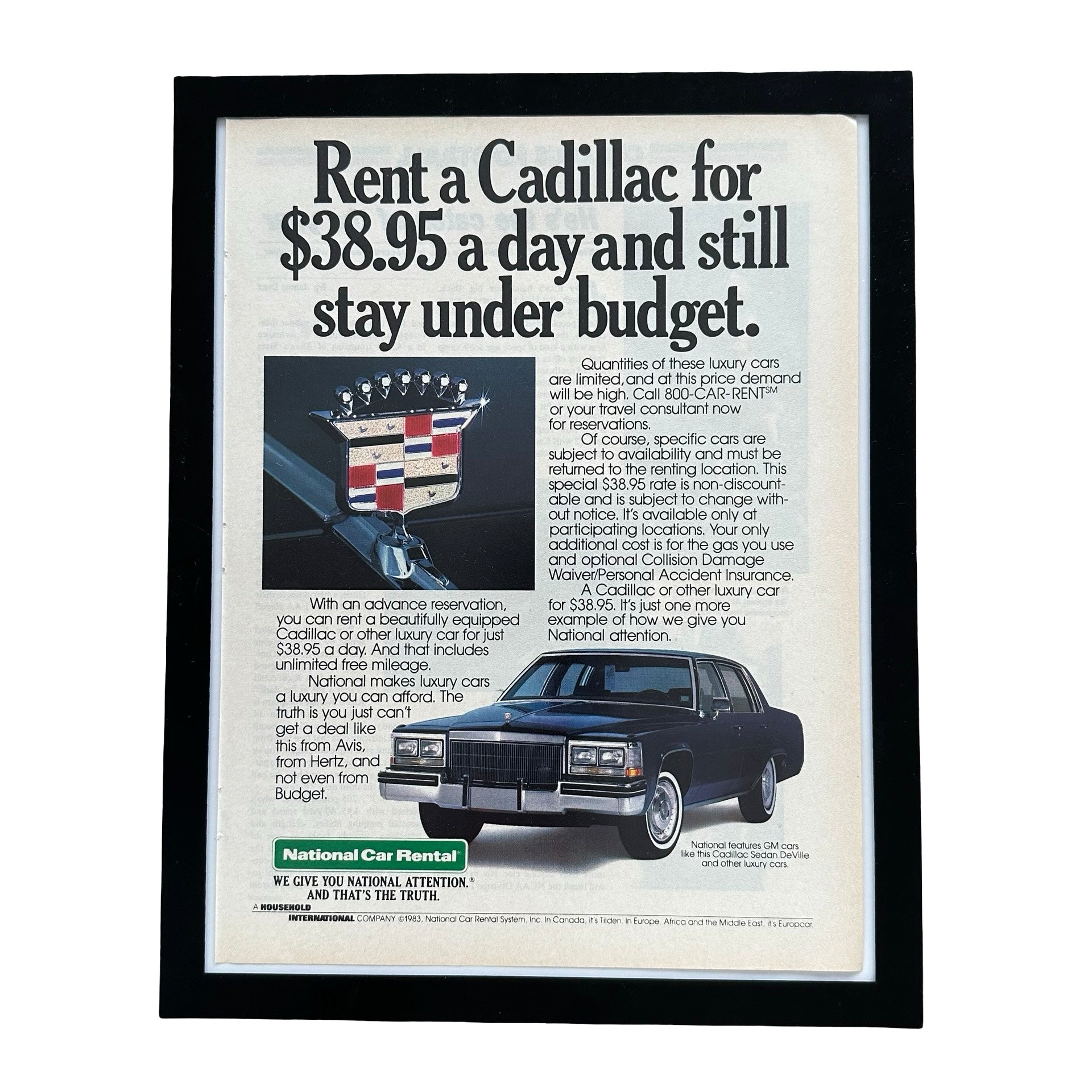 National Car Rental Rent A Cadillac Framed Vintage Magazine Ad