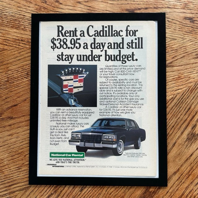 National Car Rental Rent A Cadillac Framed Vintage Magazine Ad - detail view