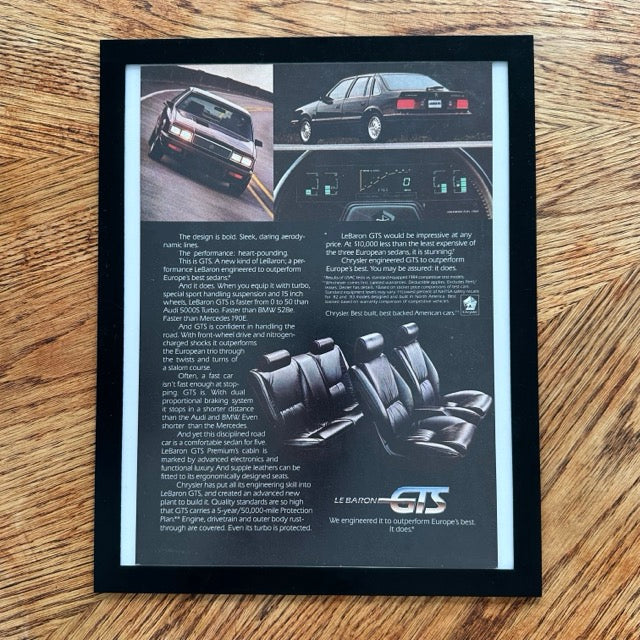 Chrysler LeBaron GTS Outperform Europe Framed Vintage Magazine Ad - detail view