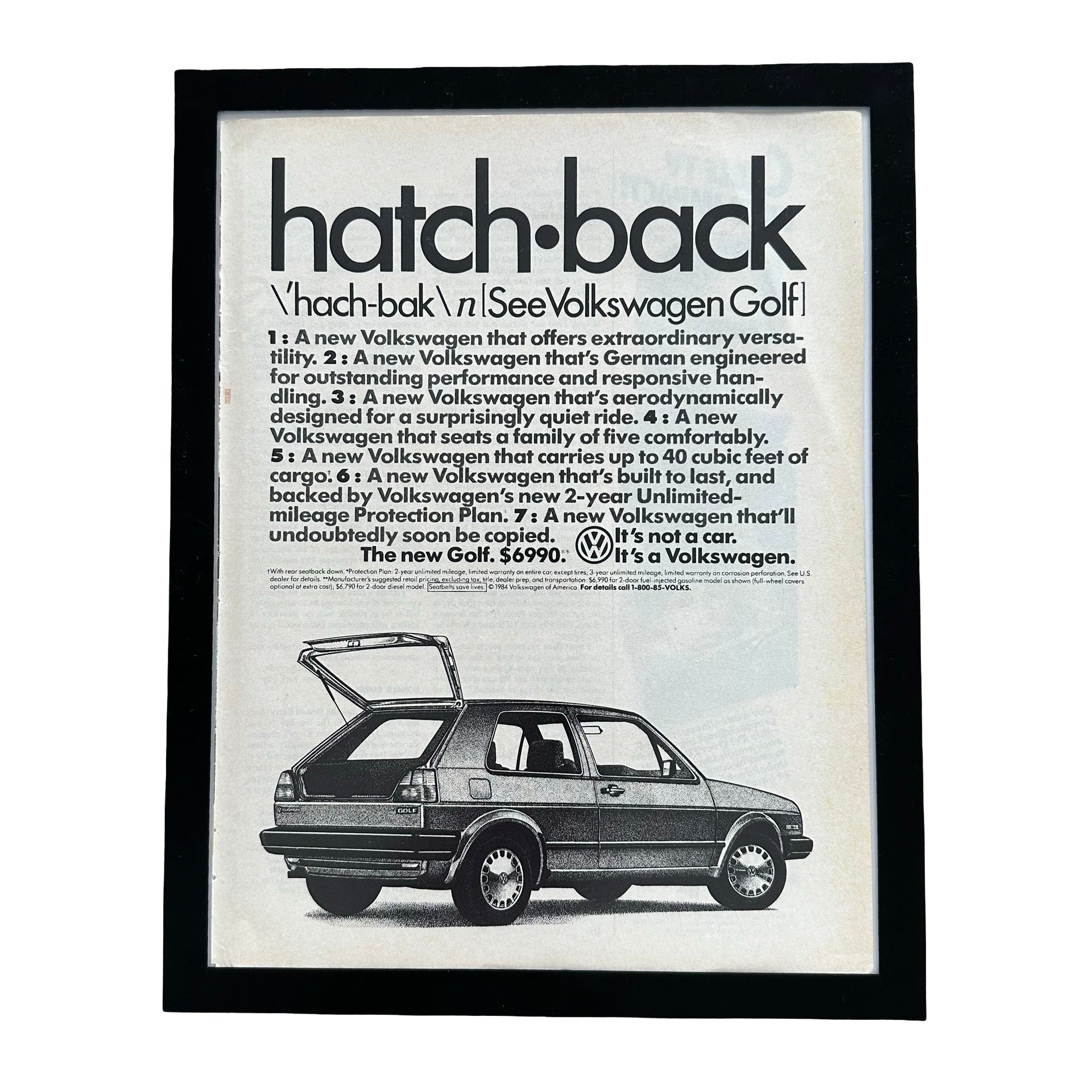 Volkswagen Golf Hatchback Its Not A Car 1984 Framed Vintage Magazine Ad