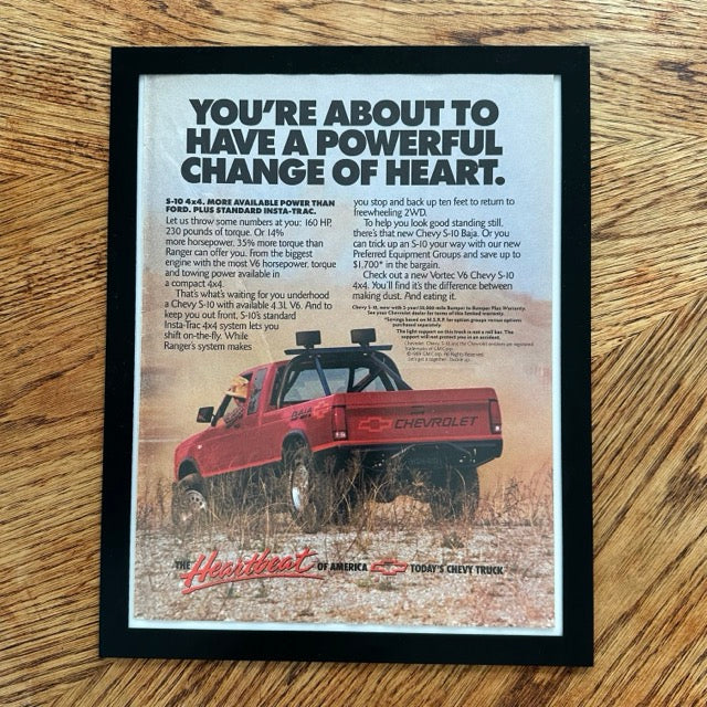 Chevy S-10 4x4 Baja Powerful Change Of Heart Framed Vintage Magazine Ad - detail view