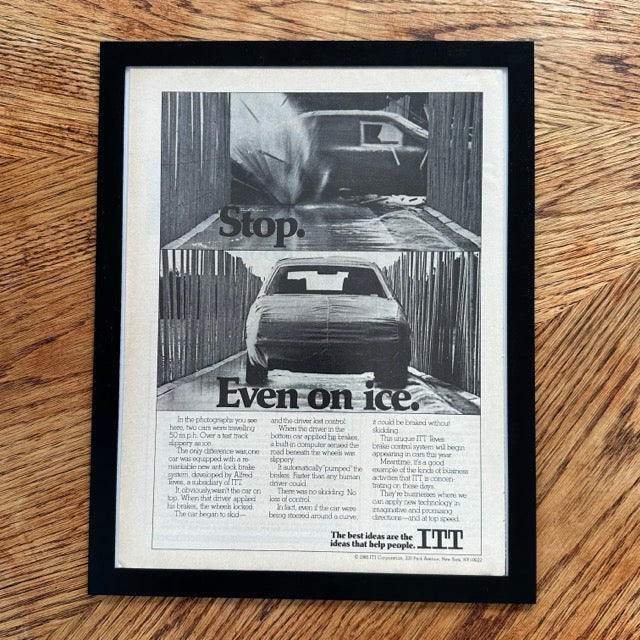 ITT Stop Even On Ice Anti-Lock Brakes Framed Vintage Magazine Ad - detail view