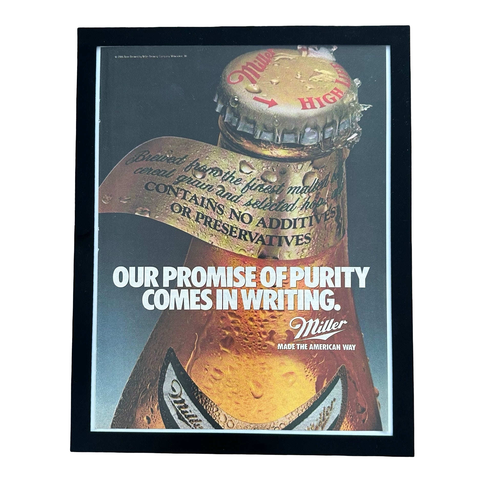 Miller High Life Our Promise Of Purity 1986 Framed Vintage Magazine Ad