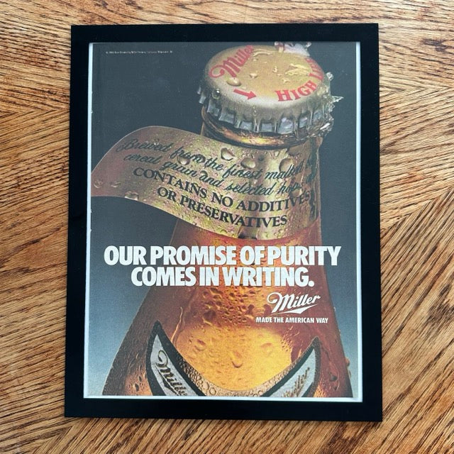 Miller High Life Our Promise Of Purity 1986 Framed Vintage Magazine Ad - detail view