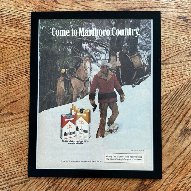 Marlboro Come To Marlboro Country Cowboy Snow Framed Vintage Magazine Ad - detail view