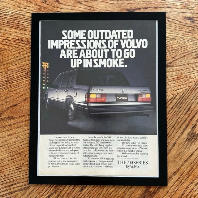 Volvo 700 Series Outdated Impressions Up In Smoke Framed Vintage Magazine Ad - detail view