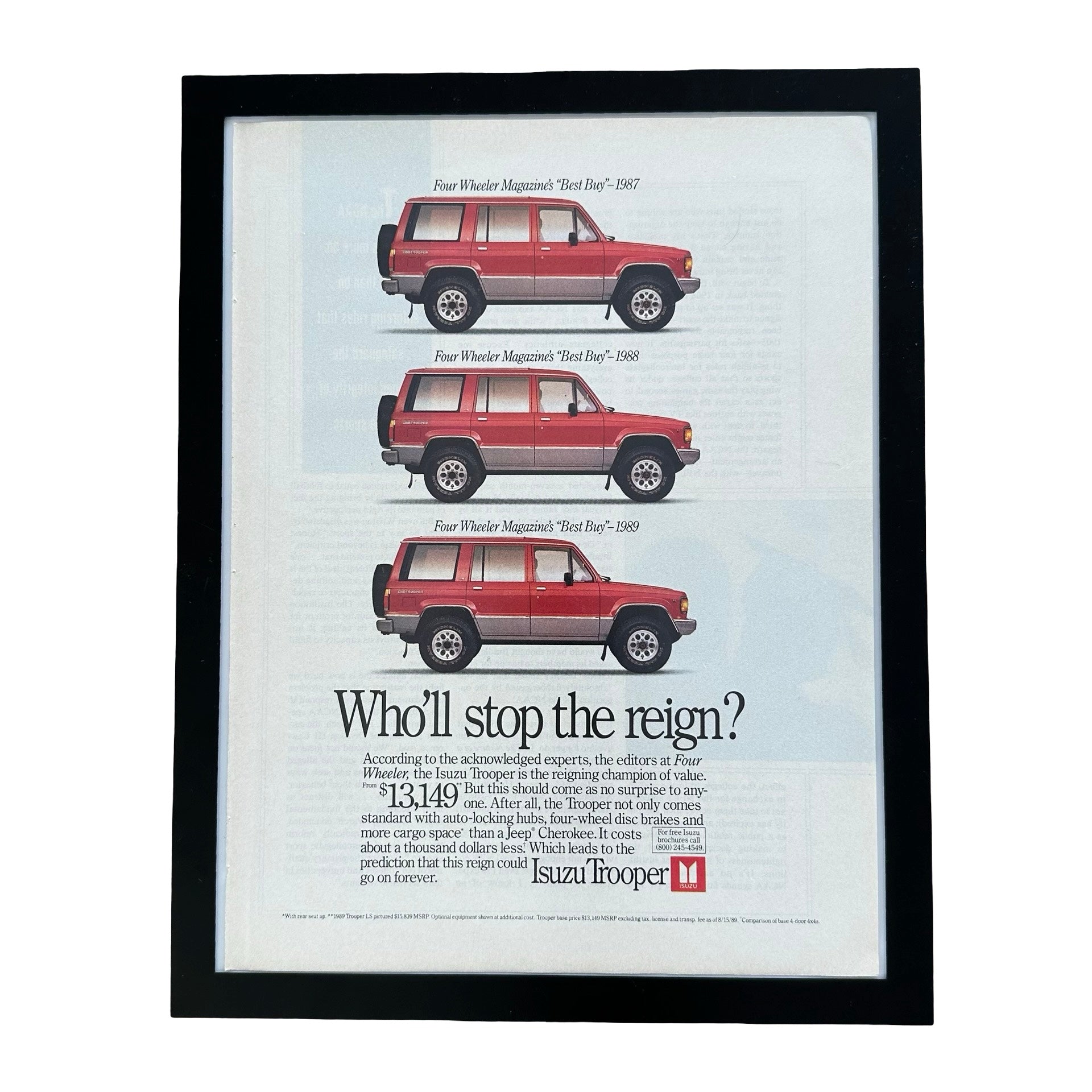 Isuzu Trooper 4x4 1989 Whol Stop The Reign Four Wheeler Best Buy Framed Vintage Magazine Ad