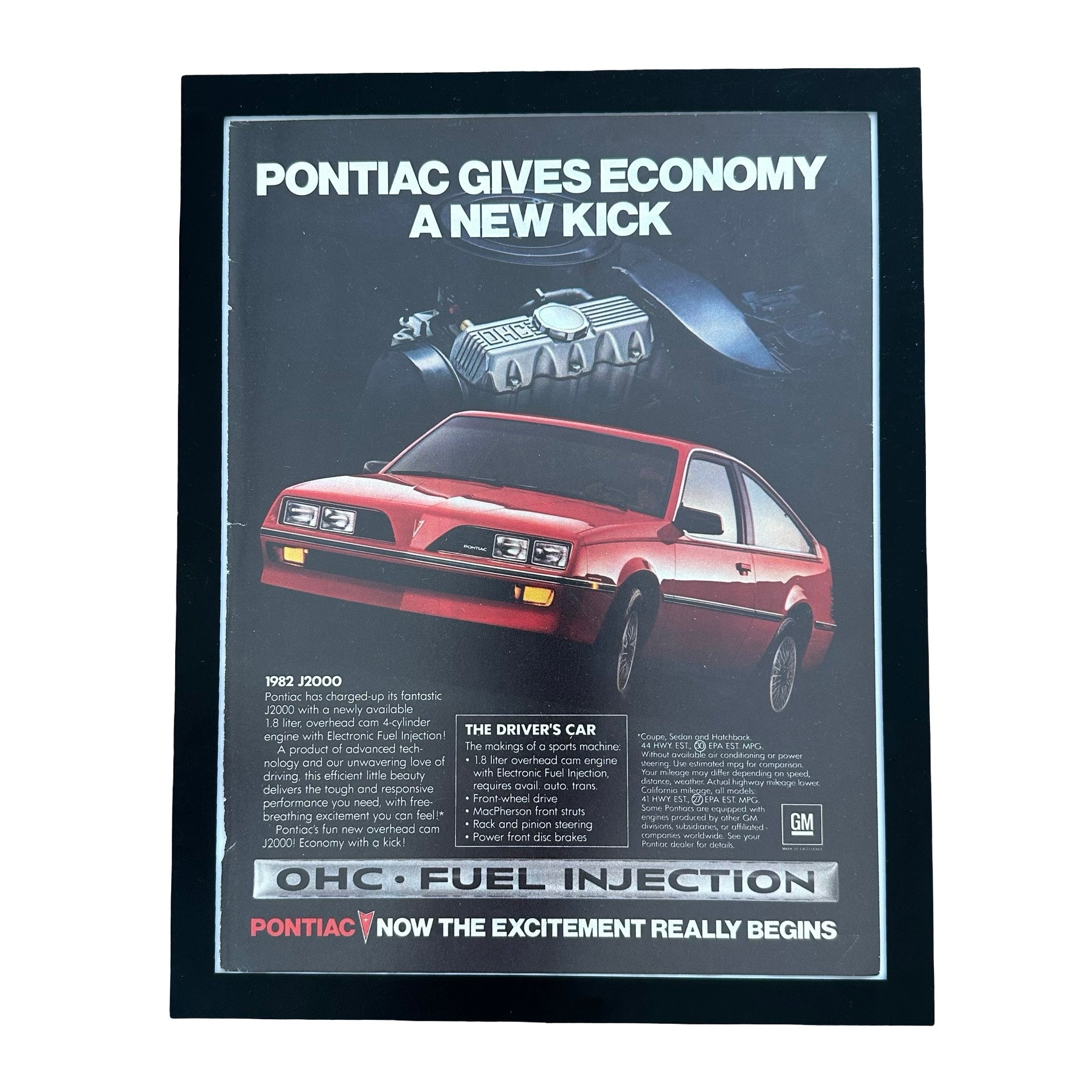 Pontiac J2000 1982 Economy A New Kick OHC Fuel Injection Framed Vintage Magazine Ad