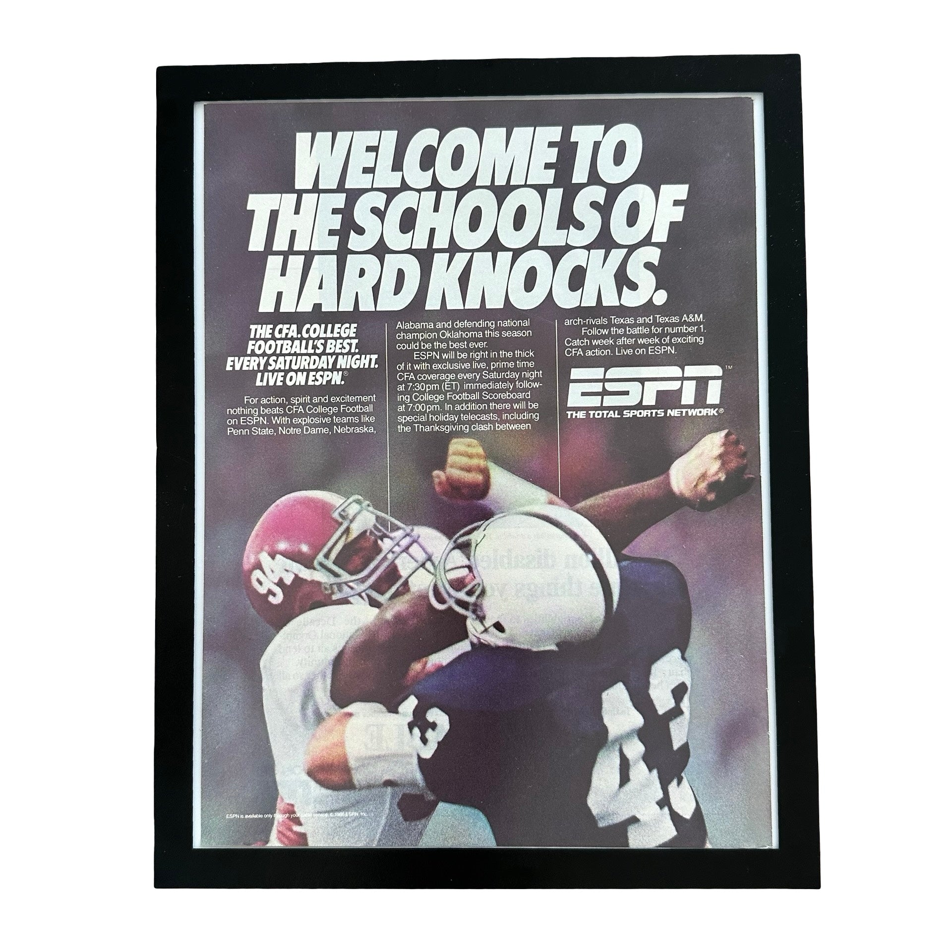 ESPN Schools Of Hard Knocks CFA College Football 1986 Framed Vintage Magazine Ad