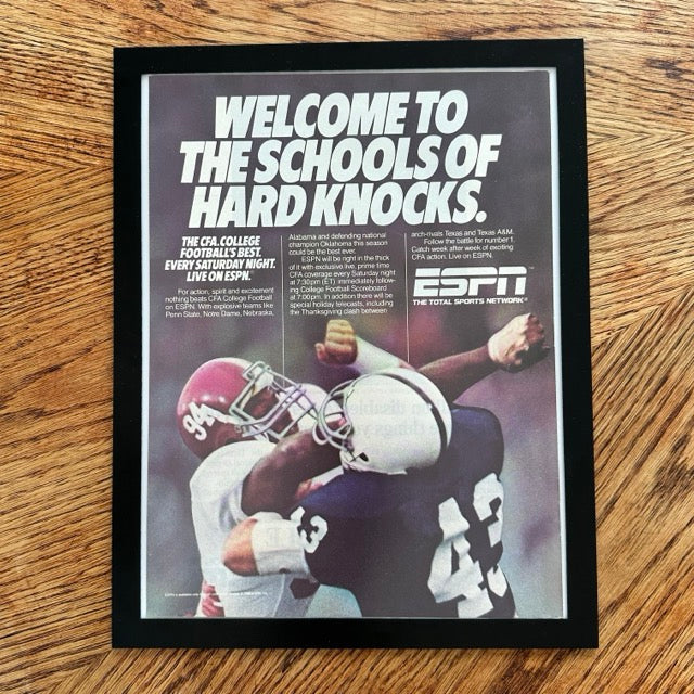 ESPN Schools Of Hard Knocks CFA College Football 1986 Framed Vintage Magazine Ad - detail view