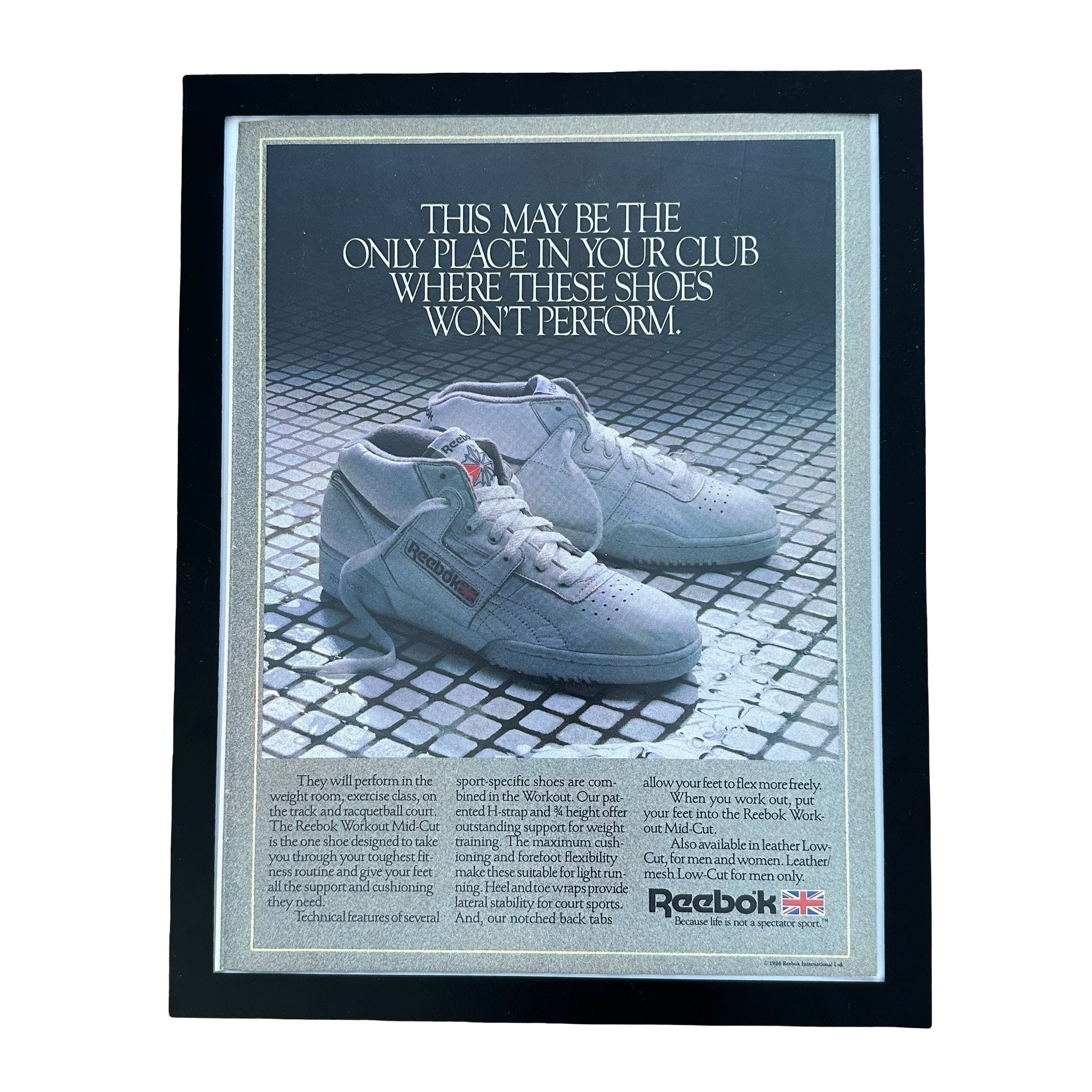 Reebok Workout Mid Cut Sneakers Not A Spectator Sport Framed Vintage Magazine Ad